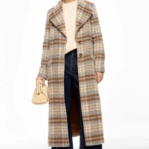 NWT Hutch Mooney Plaid Long Coat with Brown and Cream Tones